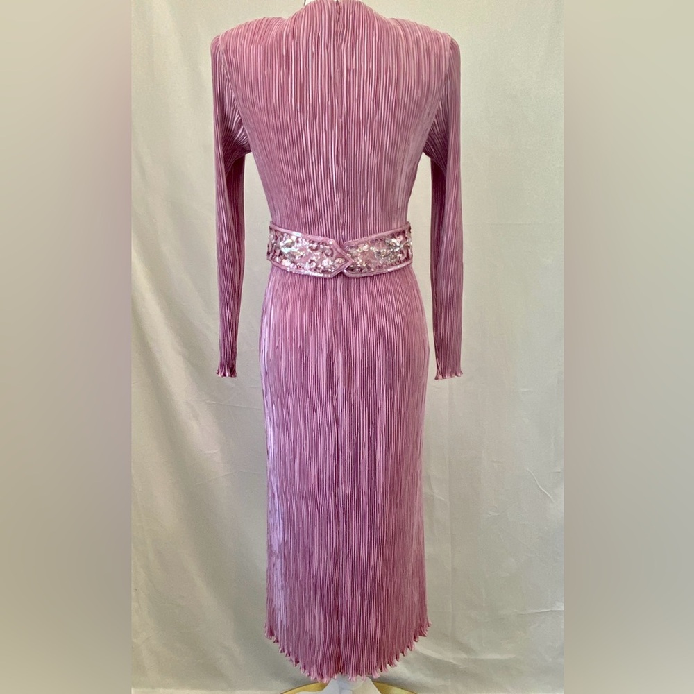 NUIT Vintage 1980s Pink Mauve Micro Pleated Dress Beaded Embellished Waist sz 8 - Picture 7 of 17